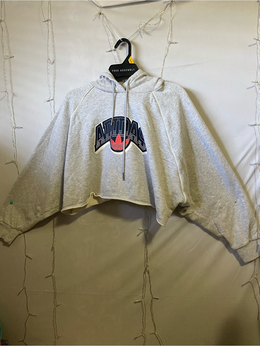 adidas Light Gray Cropped Hoodie with Navy Text and Red Trefoil